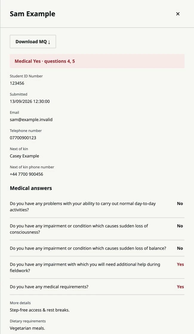 A fictional student's submitted answers in the health tool