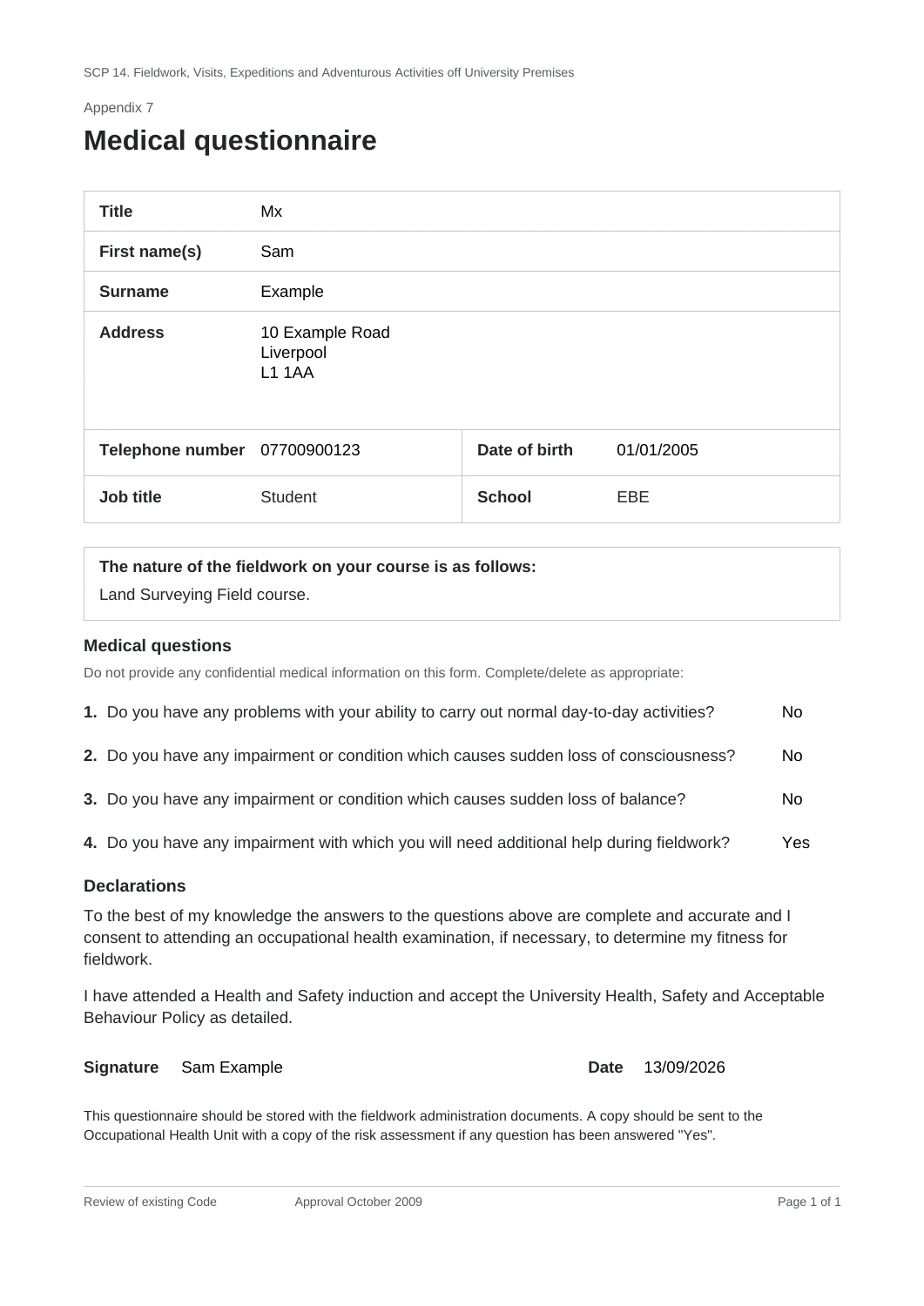 A generated medical questionnaire filled with fictional sample information