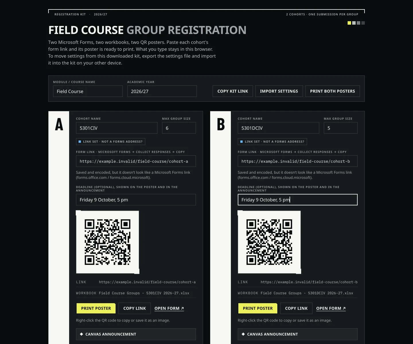 Field Course Group Kit with fictional registration links for two cohorts