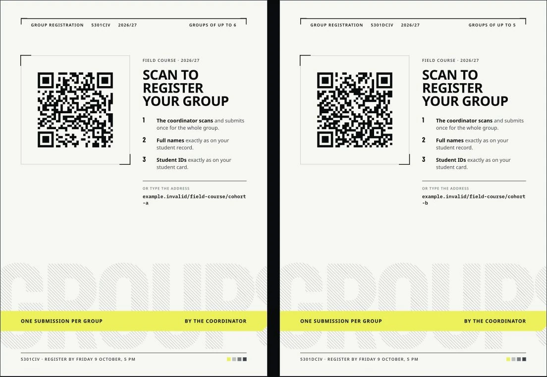 Two generated field-course registration posters with nonworking demonstration QR links
