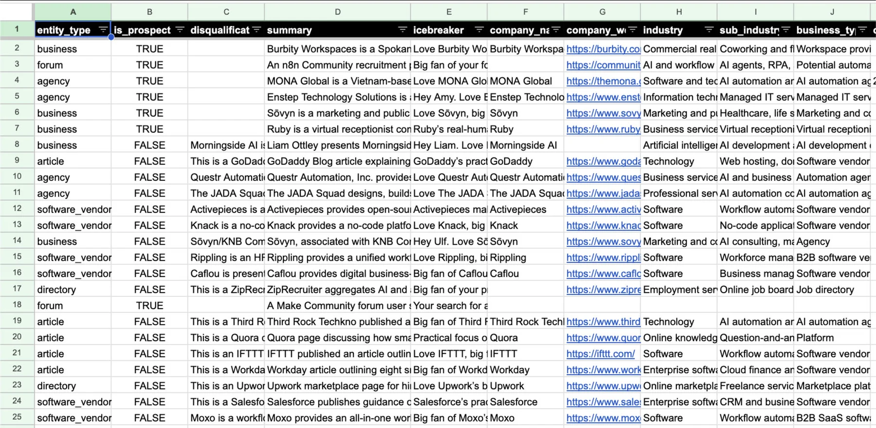 The results spreadsheet: one row per result with entity type, prospect flag, disqualification reason, summary, icebreaker, company name, website, industry, sub-industry and business type