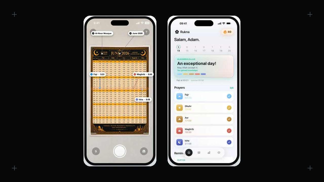 Two Rukna screens on a dark frame: the timetable scan and the live daily schedule
