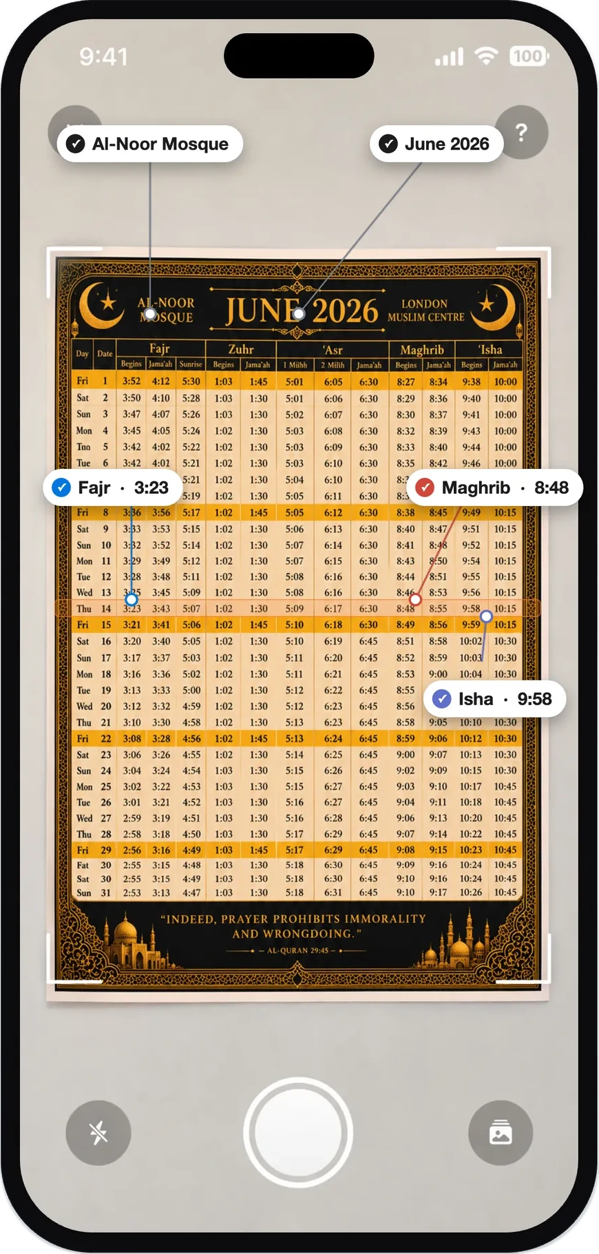 Rukna camera screen scanning a printed mosque timetable, with extracted times pinned as callouts