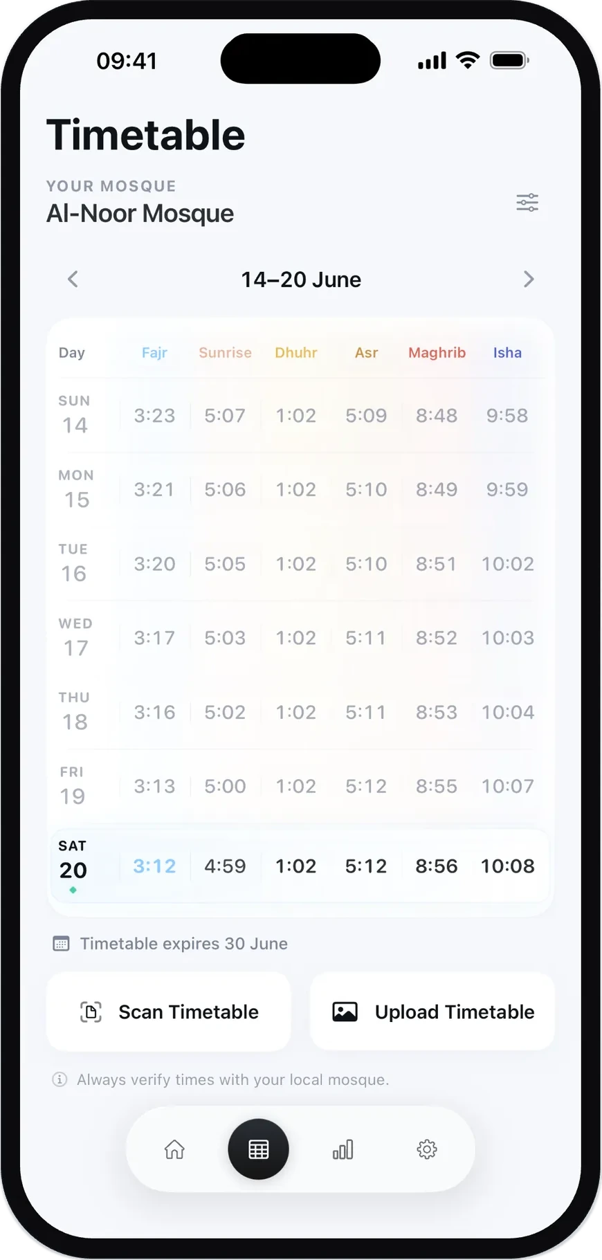 Extracted weekly timetable with a verify-with-your-source note