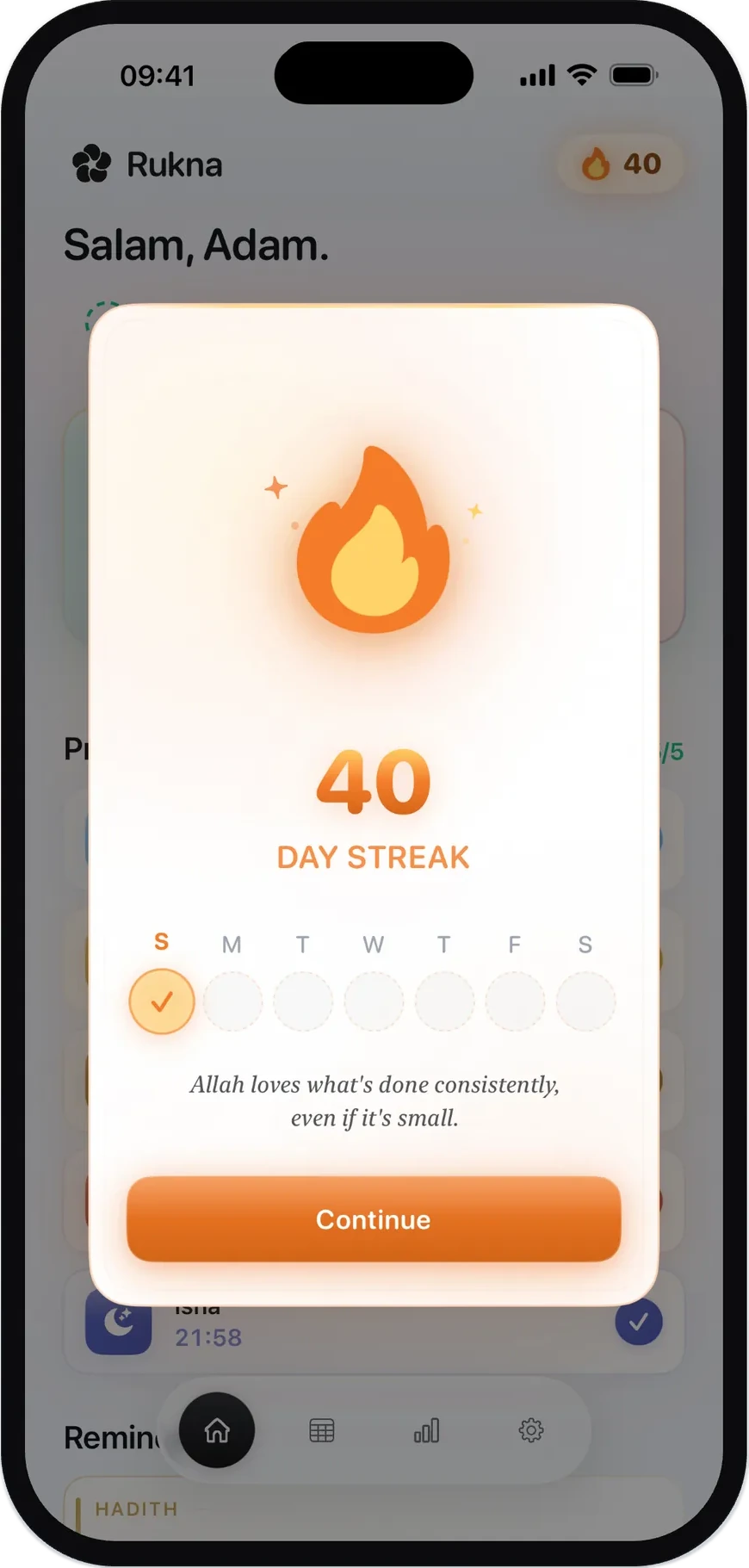 Streak celebration screen marking 40 consistent days